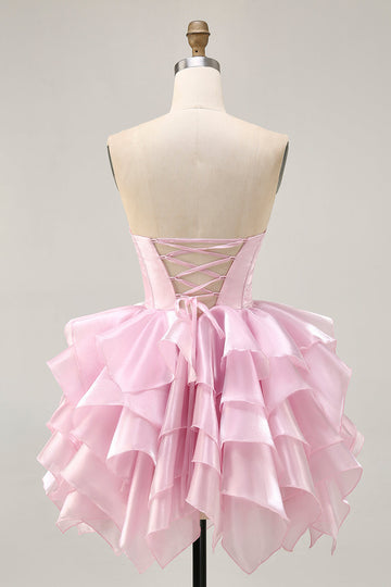 Corset A Line Tiered Strapless Pink Homecoming Dress with Lace Up Back